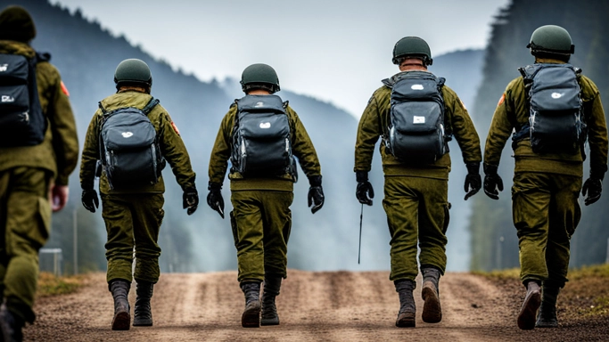 Fünf Soldaten, die von hinten zu sehen sind, gehen einen Feldweg entlang.