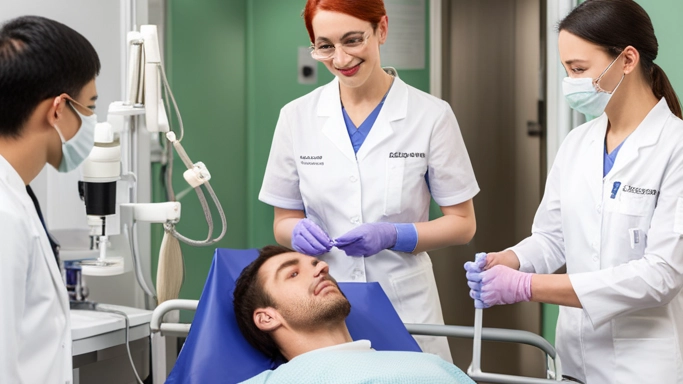 Drei Zahnärzte stehen um einen Patienten der auf einem Zahnarztstuhl sitzt